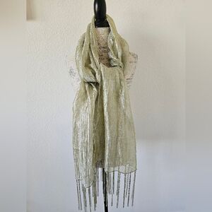 Collection XIIX Metallic Sage Green Long Fringe Sheer Wide Neck Scarf Wrap